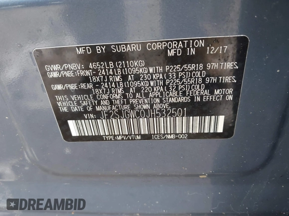 2018 Subaru Forester Touring with VIN JF2SJGWC0JH532501, listed as a IAAI auction lot 41478743 with 98,780 mi miles. Bid and sale history available at carsss.com. Image 9.