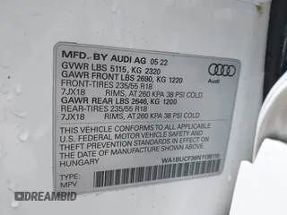 2022 Audi Q3 Premium Plus with VIN WA1BUCF36N1138119, listed as a IAAI auction lot 42536021 with 25,797 mi miles and . Bid and sale history available at DreamBid. Image 9.