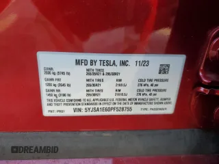 2023 Tesla Model S Plaid с VIN 5YJSA1E60PF528755, выставлен на аукционе Copart как лот 43385815 с пробегом 17 406 миль миль и Списание • Salvage title. История ставок и продаж доступна на DreamBid. Изображение 12.