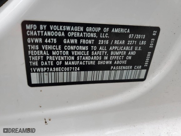2014 Volkswagen Passat SE with VIN 1VWBP7A36EC007124, listed as a Copart auction lot 49841175 with 89,311 mi miles and Salvage Title. Bid and sale history available at carsss.com. Image 14.