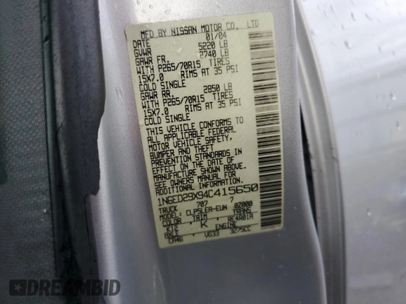 2004 Nissan Frontier XE with VIN 1N6ED29X94C415650, listed as a Copart auction lot 42880085 with 148,907 mi miles and Salvage title. Bid and sale history available at DreamBid. Image 14.