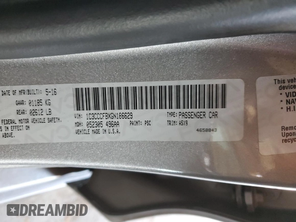 2016 Chrysler 200 LX with VIN 1C3CCCFBXGN186629, listed as a Copart auction lot 47370105 with 119,205 mi miles and Salvage Title. Bid and sale history available at carsss.com. Image 12.