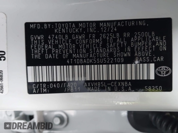 2025 Toyota Camry LE с VIN 4T1DBADK5SU522109, выставлен на аукционе IAAI как лот 42220850 с пробегом 298 миль миль и . История ставок и продаж доступна на DreamBid. Изображение 9.