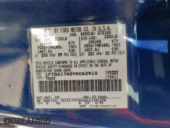 1997 Ford F-150 with VIN 1FTDX17W2VKC63910, listed as a Copart auction lot 53632135 with 178,224 mi miles and Salvage title. Bid and sale history available at DreamBid. Image 12.