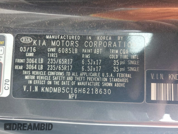 2017 Kia Sedona LX with VIN KNDMB5C16H6218630, listed as a Copart auction lot 54375925 with 159,352 mi miles and Clean Title. Bid and sale history available at carsss.com. Image 13.
