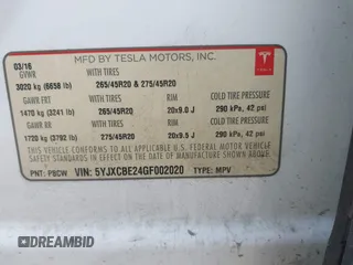 2016 Tesla Model X 70D with VIN 5YJXCBE24GF002020, listed as a IAAI auction lot 41799528 with 149,556 mi miles. Bid and sale history available at carsss.com. Image 9.
