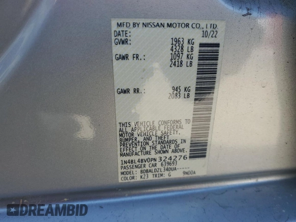 2023 Nissan Altima S with VIN 1N4BL4BV0PN324276, listed as a Copart auction lot 50652915 with 56,748 mi miles and Salvage Title. Bid and sale history available at DreamBid. Image 12.