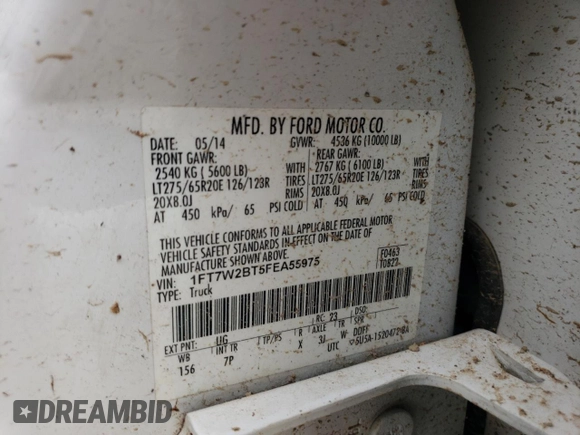 2015 Ford F-250 Lariat with VIN 1FT7W2BT5FEA55975, listed as a Copart auction lot 58673455 with 126,119 mi miles and Salvage title. Bid and sale history available at DreamBid. Image 12.
