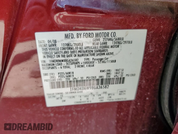 2008 Ford Taurus X Limited z VIN 1FMDK06W98GA36582, wystawiony jako Copart lot #58540015 z przebiegiem 95 228 mil mil oraz Szkoda całkowita • Salvage title. Historia ofert i sprzedaży dostępna na DreamBid. Obrazek 13.