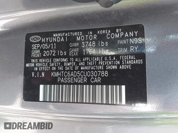 2012 Hyundai Veloster w/Black Int with VIN KMHTC6AD5CU030788, listed as a IAAI auction lot 42774337 with 104,297 mi miles and . Bid and sale history available at DreamBid. Image 9.