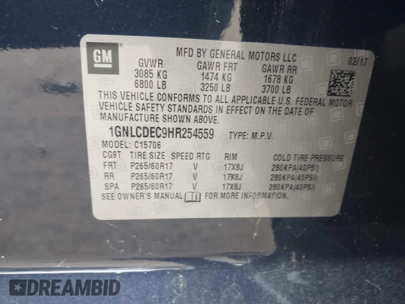 2017 Chevrolet Tahoe Commercial with VIN 1GNLCDEC9HR254559, listed as a IAAI auction lot 41923902 with 178,072 mi miles and . Bid and sale history available at DreamBid. Image 9.