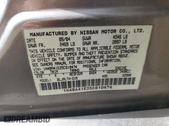 2005 Nissan Maxima 3.5 SL with VIN 1N4BA41E25C810474, listed as a Copart auction lot 76344174 with 198,903 mi miles and Salvage Title. Bid and sale history available at carsss.com. Image 12.