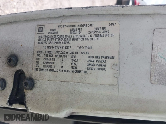 1997 GMC Sonoma z VIN 1GTCS1441VK518317, wystawiony jako IAAI lot #41942735 z przebiegiem 75 862 mil mil oraz . Historia ofert i sprzedaży dostępna na DreamBid. Obrazek 9.