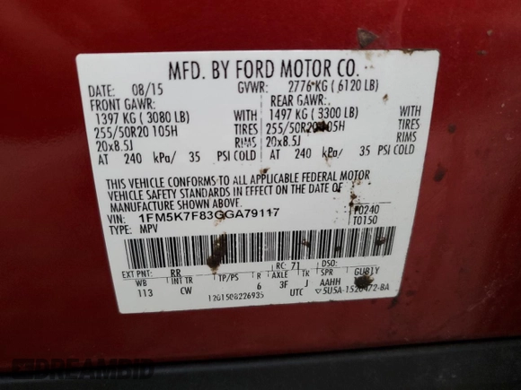 2016 Ford Explorer Limited with VIN 1FM5K7F83GGA79117, listed as a Copart auction lot 45046675 with 143,550 mi miles and Salvage Title. Bid and sale history available at DreamBid. Image 12.