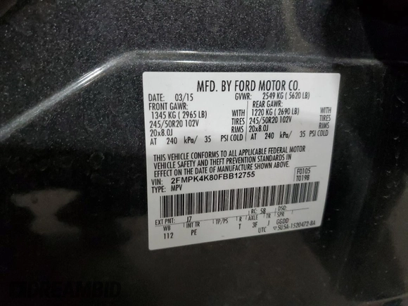 2015 Ford Edge Titanium with VIN 2FMPK4K80FBB12755, listed as a Copart auction lot 51602025 with 85,298 mi miles and Salvage Title. Bid and sale history available at carsss.com. Image 14.