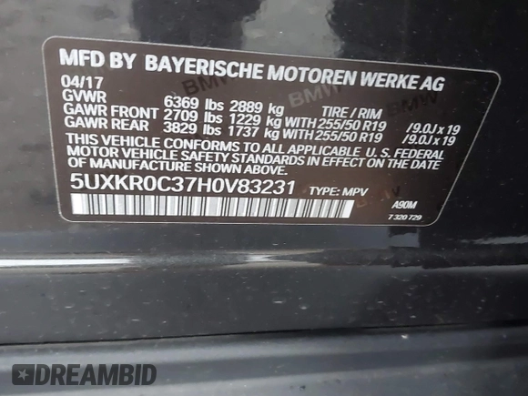 2017 BMW X5 xDrive35i with VIN 5UXKR0C37H0V83231, listed as a IAAI auction lot 41132304 with 1 mi miles. Bid and sale history available at carsss.com. Image 9.
