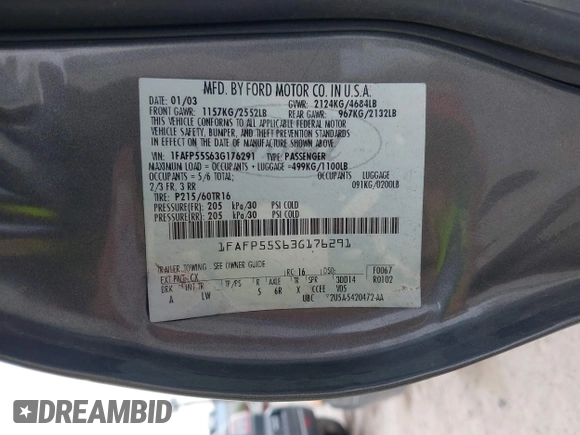 2003 Ford Taurus SES Standard with VIN 1FAFP55S63G176291, listed as a IAAI auction lot 42079514 with 173,623 mi miles. Bid and sale history available at carsss.com. Image 9.