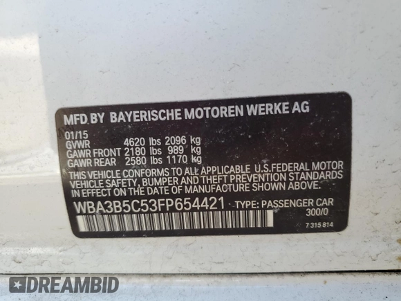 2015 BMW 3 Series 328i xDrive с VIN WBA3B5C53FP654421, выставлен на аукционе Copart как лот 48390165 с пробегом 92 338 миль миль и На запчасти • Non repairable. История ставок и продаж доступна на DreamBid. Изображение 12.
