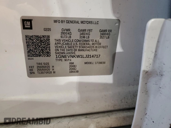 2020 Chevrolet Traverse High Country with VIN 1GNEVNKW1LJ214717, listed as a Copart auction lot 81222304 with 122,915 mi miles and Salvage Title. Bid and sale history available at carsss.com. Image 13.