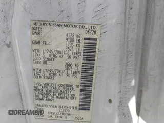 2020 Nissan NV Cargo SV with VIN 1N6AF0LY5LN809499, listed as a IAAI auction lot 41892981 with 229,561 mi miles and . Bid and sale history available at DreamBid. Image 9.