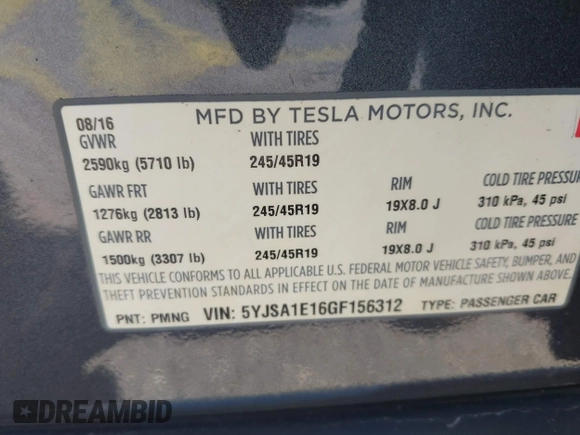 2016 Tesla Model S 70 with VIN 5YJSA1E16GF156312, listed as a IAAI auction lot 42469451 with 90,317 mi miles and . Bid and sale history available at DreamBid. Image 9.