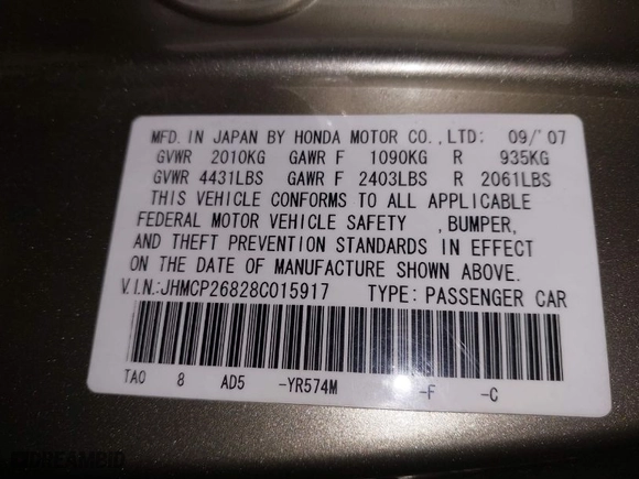 2008 Honda Accord Sdn EX-L with VIN JHMCP26828C015917, listed as a IAAI auction lot 41681718 with 157769 miles. Bid and sale history available at carsss.com. Image 9.
