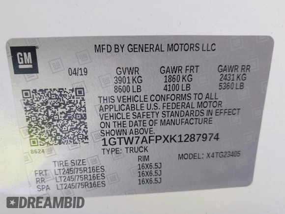 2019 GMC Savana Cargo with VIN 1GTW7AFPXK1287974, listed as a IAAI auction lot 41923464 with 148,348 mi miles and . Bid and sale history available at DreamBid. Image 9.
