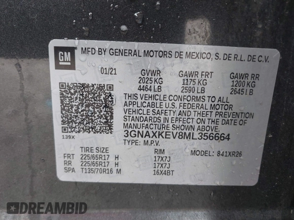 2021 Chevrolet Equinox LT with VIN 3GNAXKEV8ML356664, listed as a IAAI auction lot 41790707 with 51,363 mi miles and . Bid and sale history available at DreamBid. Image 9.