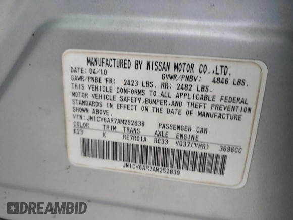 2010 Infiniti G37 x with VIN JN1CV6AR7AM252839, listed as a Copart auction lot 82555754 with 123,426 mi miles and Salvage Title. Bid and sale history available at DreamBid. Image 15.