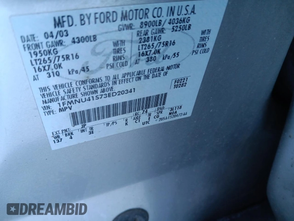 2003 Ford Excursion XLT с VIN 1FMNU41S73ED20341, выставлен на аукционе Copart как лот 85824804 с пробегом 166 539 миль миль и Списание • Salvage title. История ставок и продаж доступна на DreamBid. Изображение 12.