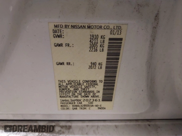 2013 Nissan Altima S with VIN 1N4AL3AP9DC207361, listed as a IAAI auction lot 41942867 with 56,515 mi miles and . Bid and sale history available at DreamBid. Image 9.