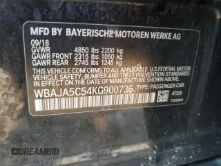 2019 BMW 5 Series 530i z VIN WBAJA5C54KG900736, wystawiony jako Copart lot #52232275 z przebiegiem 112 560 mil mil oraz Czysty tytuł • Clean title. Historia ofert i sprzedaży dostępna na DreamBid. Obrazek 12.