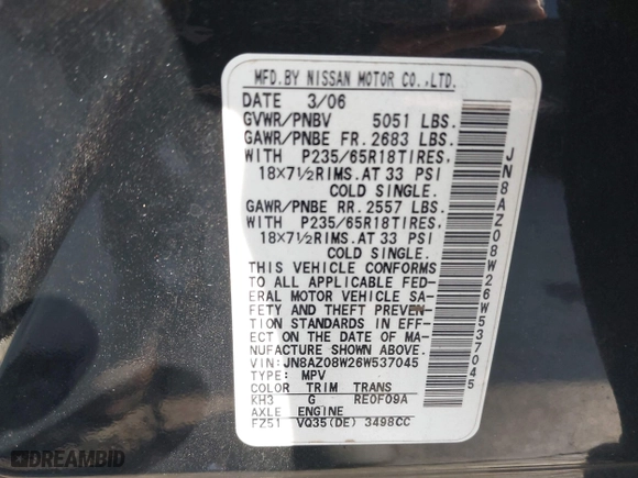 2006 Nissan Murano SL with VIN JN8AZ08W26W537045, listed as a IAAI auction lot 41789681 with 156,286 mi miles. Bid and sale history available at carsss.com. Image 9.