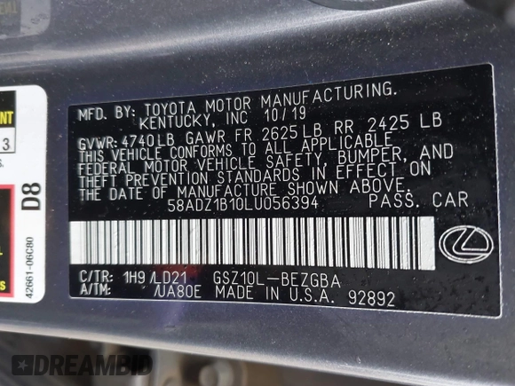 2020 Lexus ES with VIN 58ADZ1B10LU056394, listed as a IAAI auction lot 41172277 with 104,688 mi miles. Bid and sale history available at carsss.com. Image 9.