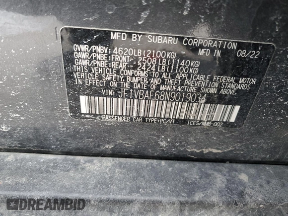 2022 Subaru WRX Premium with VIN JF1VBAF68N9019034, listed as a Copart auction lot 42025125 with 20,129 mi miles and Salvage Title. Bid and sale history available at carsss.com. Image 14.