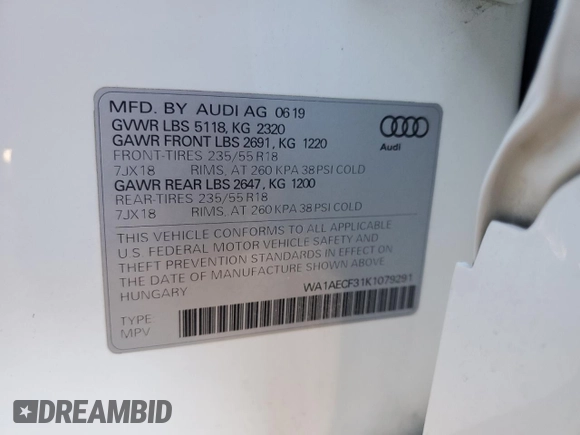 2019 Audi Q3 Premium with VIN WA1AECF31K1079291, listed as a Copart auction lot 76619054 with 51,854 mi miles and Salvage Title. Bid and sale history available at carsss.com. Image 16.