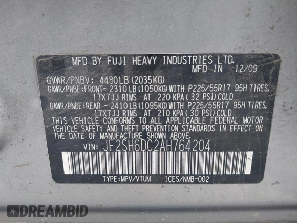 2010 Subaru Forester X Limited with VIN JF2SH6DC2AH764204, listed as a IAAI auction lot 42399324 with 123,603 mi miles and . Bid and sale history available at DreamBid. Image 9.