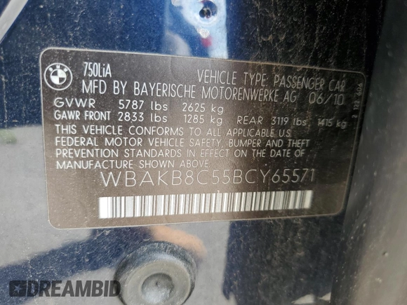 2011 BMW 7 Series 750Li with VIN WBAKB8C55BCY65571, listed as a Copart auction lot 70899514 with 118,325 mi miles and Non Repairable. Bid and sale history available at DreamBid. Image 12.