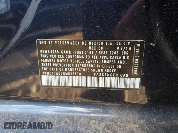 2016 Volkswagen Golf TSI S with VIN 3VWC17AU7GM518678, listed as a Copart auction lot 80281114 with 96,949 mi miles and Salvage Title. Bid and sale history available at DreamBid. Image 12.