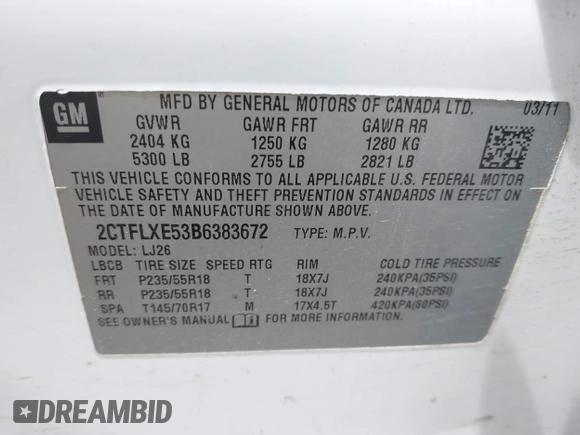 2011 GMC Terrain SLT-2 with VIN 2CTFLXE53B6383672, listed as a IAAI auction lot 42382254 with 126,032 mi miles and . Bid and sale history available at DreamBid. Image 9.