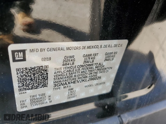2019 Chevrolet Equinox LS with VIN 3GNAXHEV2KL296025, listed as a Copart auction lot 49456375 with 95,767 mi miles and Salvage Title. Bid and sale history available at carsss.com. Image 14.