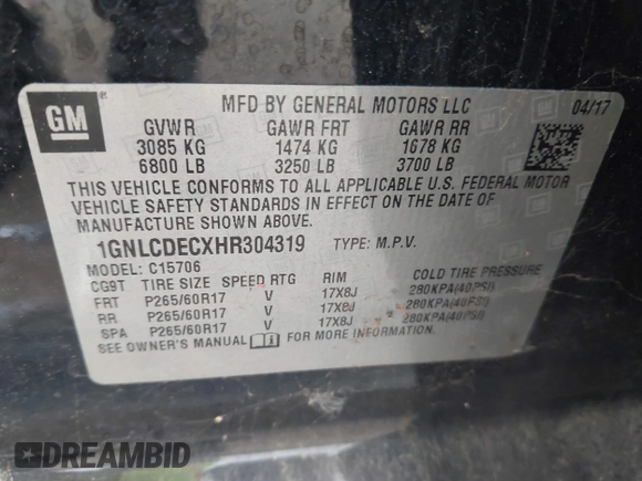 2017 Chevrolet Tahoe Commercial with VIN 1GNLCDECXHR304319, listed as a IAAI auction lot 41924011 with 130,566 mi miles and . Bid and sale history available at DreamBid. Image 9.