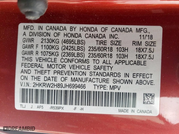 2018 Honda CR-V EX-L with VIN 2HKRW2H89JH699466, listed as a Copart auction lot 51268315 with 52,823 mi miles and Salvage Title. Bid and sale history available at carsss.com. Image 12.