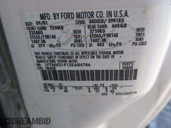 2002 Ford F-250 XL с VIN 1FTNX21F12EA84786, выставлен на аукционе Copart как лот 54698515 с пробегом 290 820 миль миль и Списание • Salvage title. История ставок и продаж доступна на DreamBid. Изображение 12.