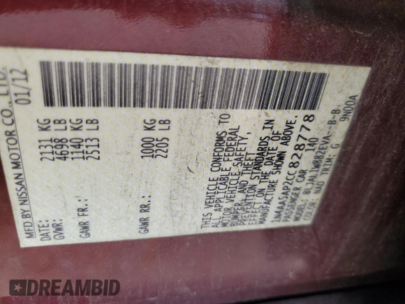 2012 Nissan Maxima S with VIN 1N4AA5AP2CC828778, listed as a Copart auction lot 62322405 with 187,768 mi miles and Clean title. Bid and sale history available at DreamBid. Image 12.