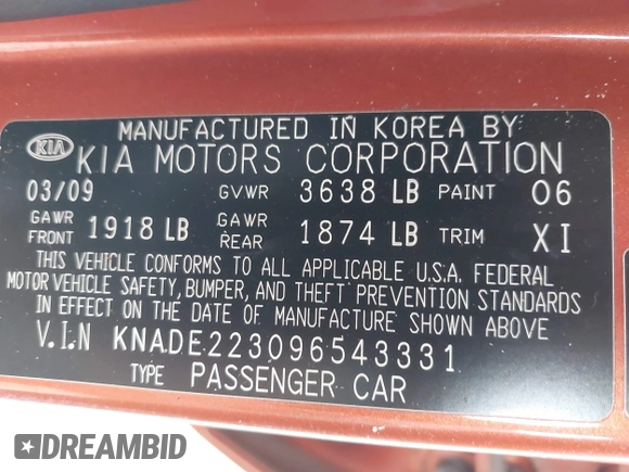 2009 Kia Rio LX with VIN KNADE223096543331, listed as a IAAI auction lot 41978544 with 166,749 mi miles and . Bid and sale history available at DreamBid. Image 9.