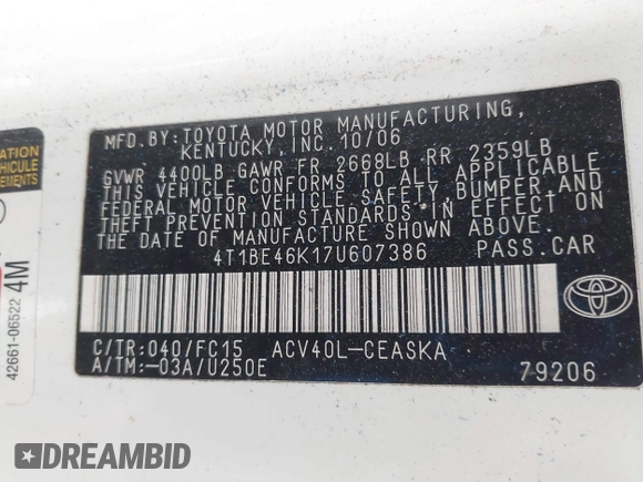 2007 Toyota Camry CE with VIN 4T1BE46K17U607386, listed as a IAAI auction lot 41698012 with 212,639 mi miles and . Bid and sale history available at DreamBid. Image 9.