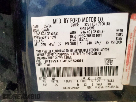 2014 Ford F-150 XL with VIN 1FTFW1CT4EKE52551, listed as a Copart auction lot 59918325 with 131,073 mi miles and Salvage title. Bid and sale history available at DreamBid. Image 12.