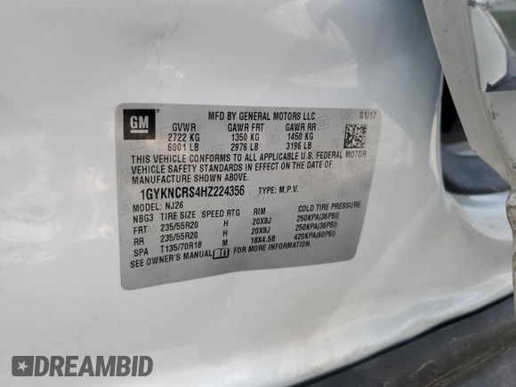 2017 Cadillac XT5 Premium Luxury FWD with VIN 1GYKNCRS4HZ224356, listed as a Copart auction lot 52562215 with 72,876 mi miles and Salvage Title. Bid and sale history available at DreamBid. Image 14.