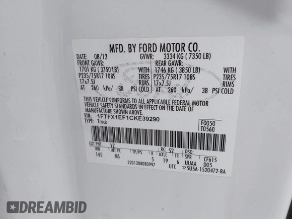 2012 Ford F-150 XL with VIN 1FTFX1EF1CKE39290, listed as a IAAI auction lot 41488039 with 122,268 mi miles. Bid and sale history available at carsss.com. Image 9.